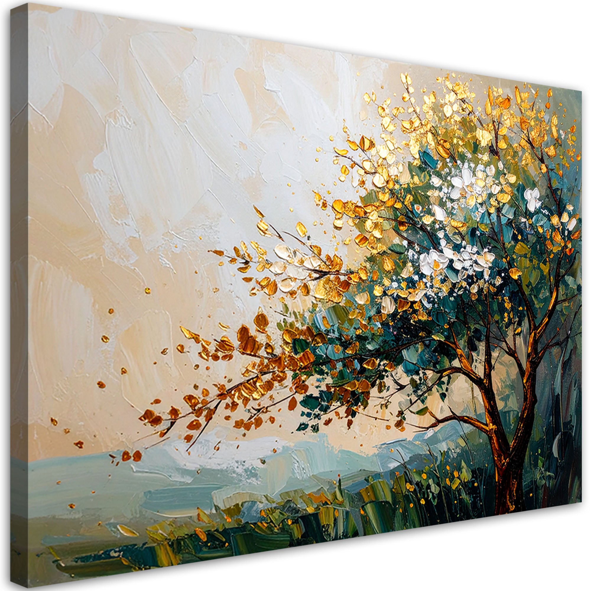 Obraz do salonu sypialni biura, Drzewo Liście Krajobraz w beżu 60x40