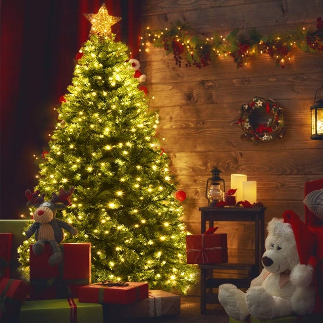 Albero di Natale Automatico 210 cm, Illuminato a 500 LED Incorporate, 1570 Rami Folti in PVC, Base Pieghevole in Ferro, Montaggio Facile