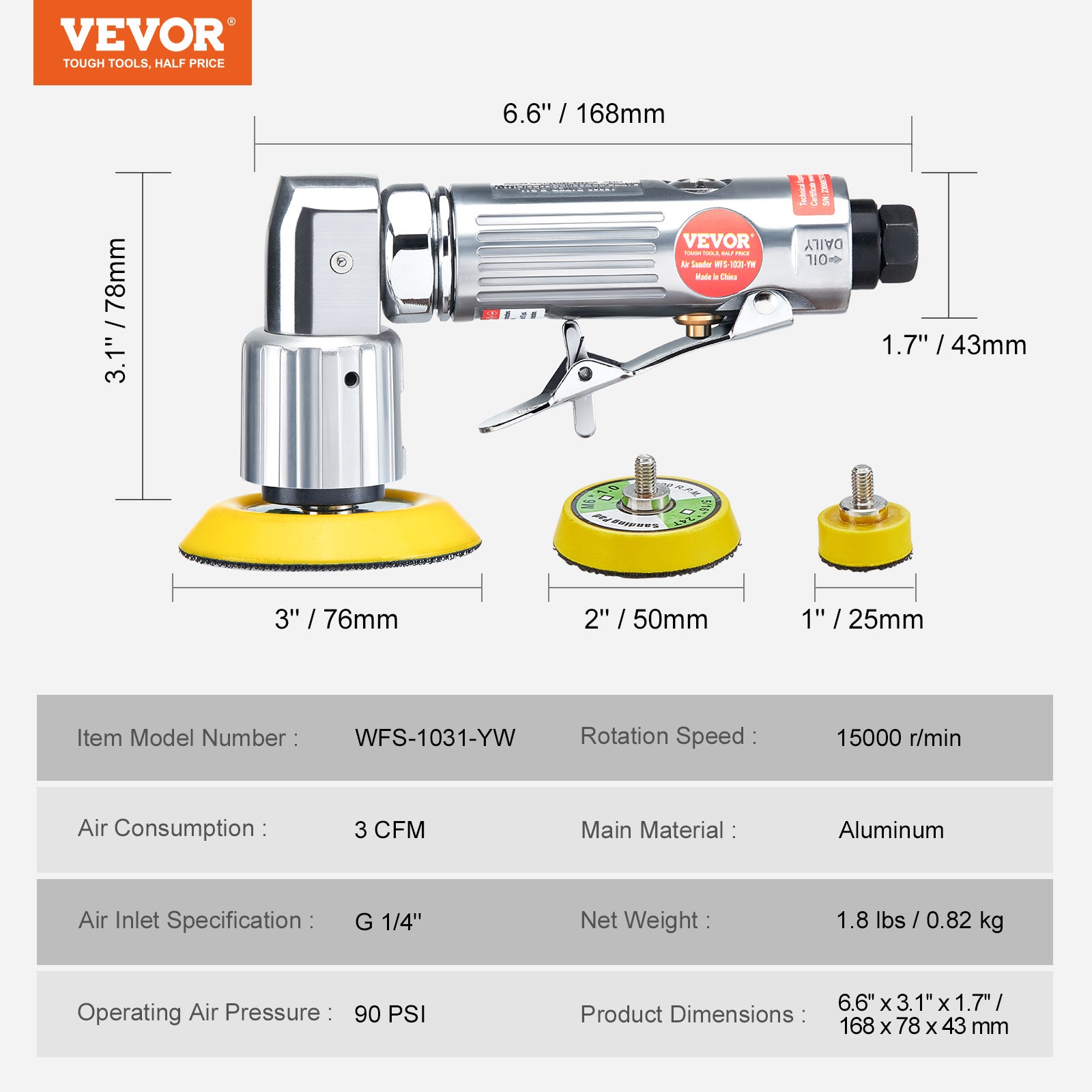 Mini Ponceuse Pneumatique VEVOR 1/2/3 po 2,5/5/7,6 cm Ponceuse Orbitale Aléatoire Vitesse 15000 tr/min Kit Ponceuse Voiture Carrosserie 58PCS Éponges - 7