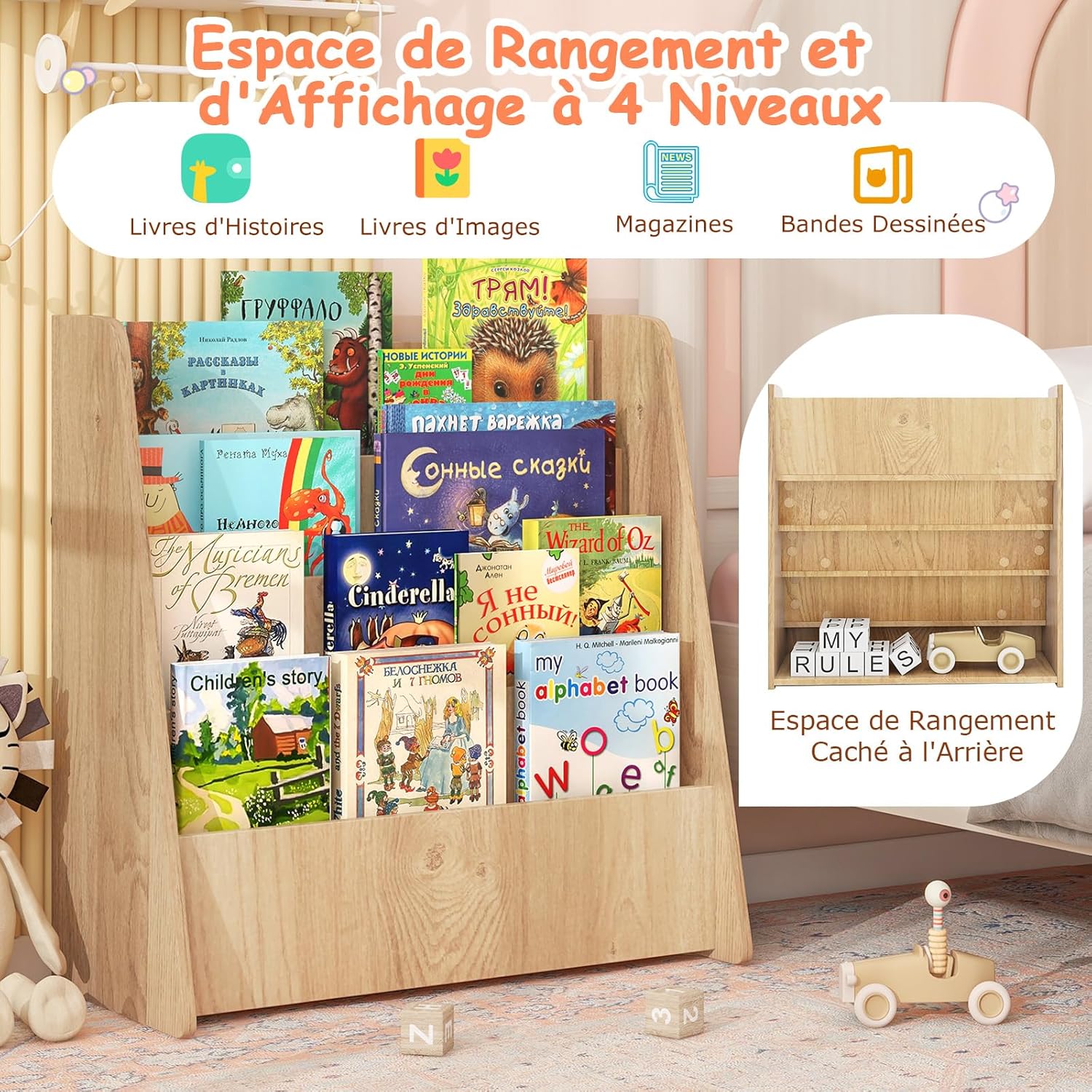 Libreria per Bambini a 4 Ripiani, Scaffale in Legno con Ampio Spazio di Esposizione, Porta Riviste per Camera dei Bambini Sala Giochi e Aula, - 4