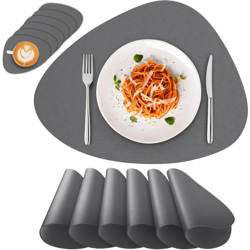 Zmywalne, wodoodporne i antypoślizgowe podkładki z PVC, zestaw 6 podkładek i 6 podstawek, ciemnoszary