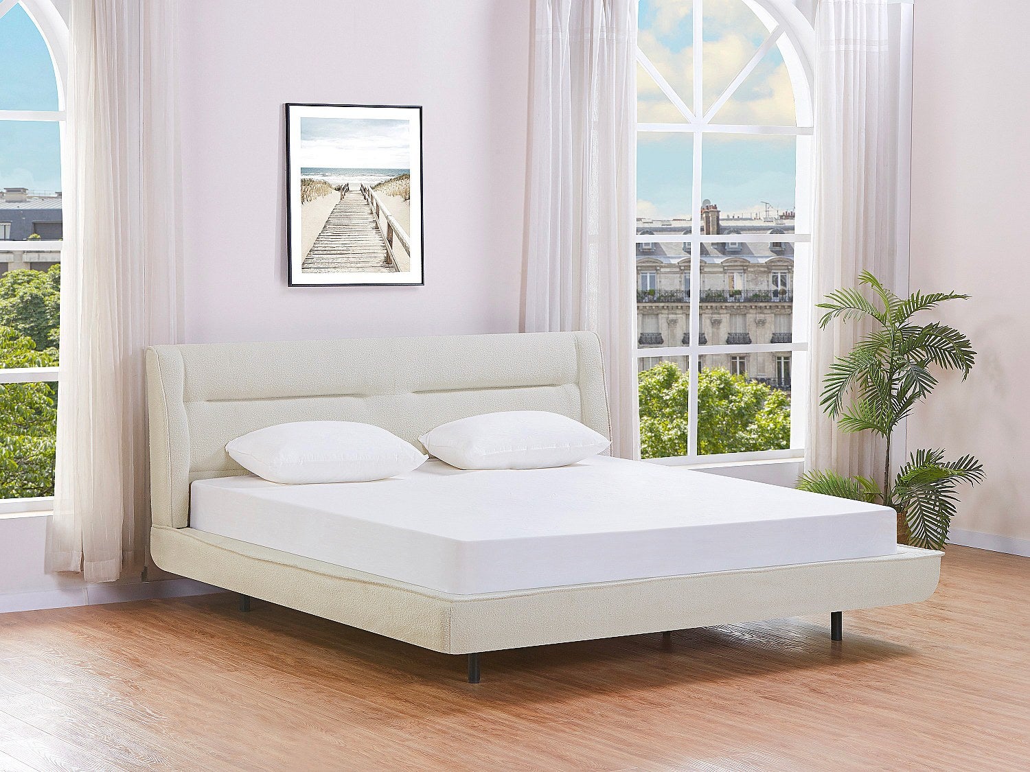 Łóżko 180 x 200 cm - Tkanina z bukli - Beż + Materac - ISYDE