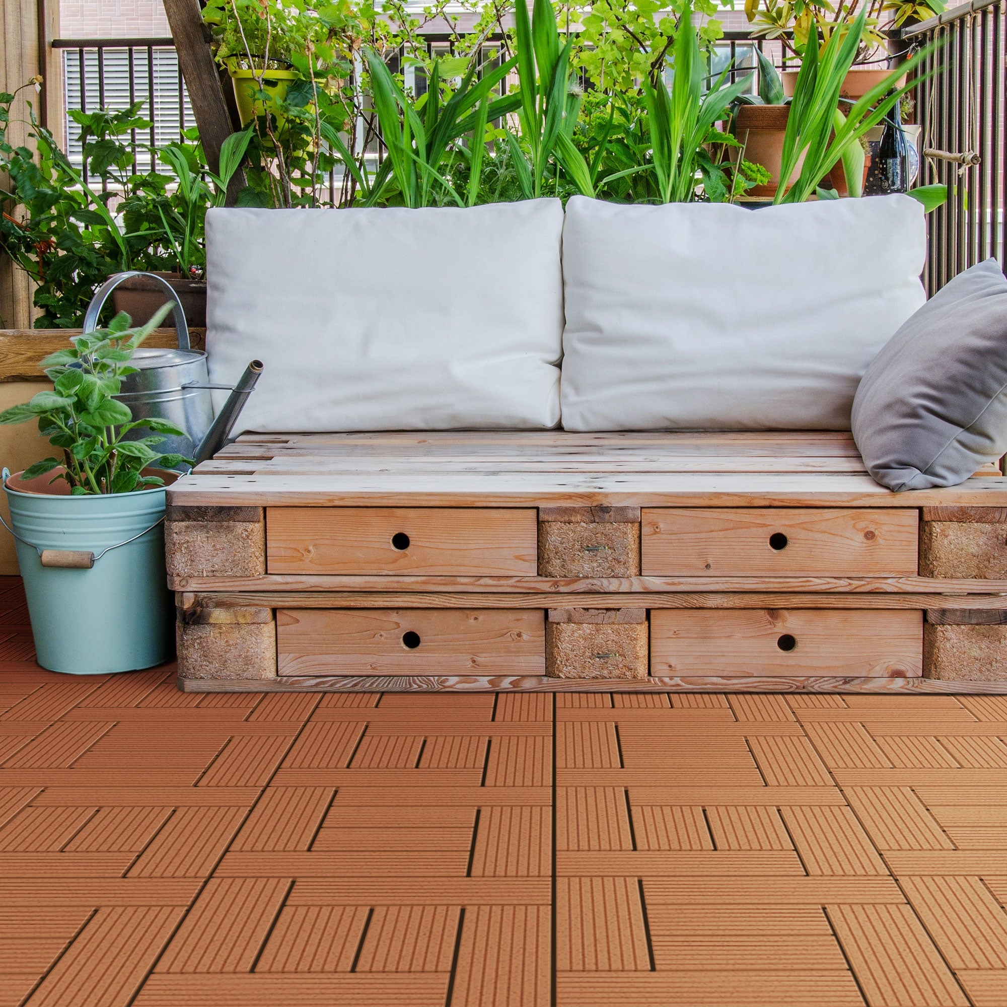 ECD Germany WPC Plytki tarasowe 30x30 cm 33er Spar Set für 3m² Light Brown Mosaic Wood Look for Garden Balcony Flooring with Drainage Click System