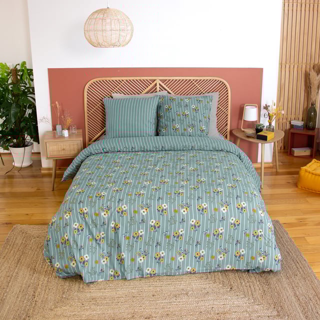 Parure de lit 3 pièces motif bouquets floraux - Vert d'eau - 240x220 cm - Polyester