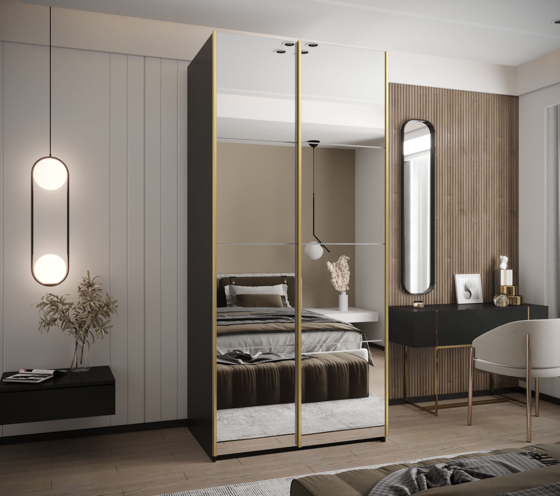 Szafa przesuwna wysoka Lux 2 100 x 64 x 245,5 cm czarny + biały + u. złoty - Abiks Meble - 2