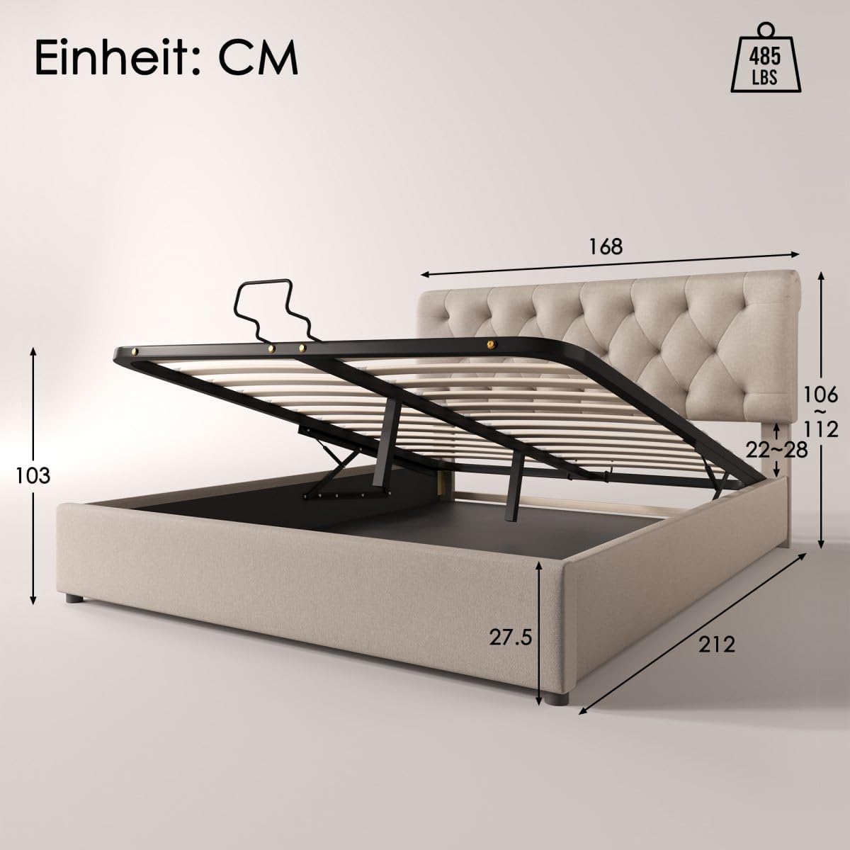KOMHTOM Lit capitonné 160 x 200 cm, Lit double avec sommier à lattes en métal avec fonction hydraulique et rangement - Gris (sans matelas) - 2