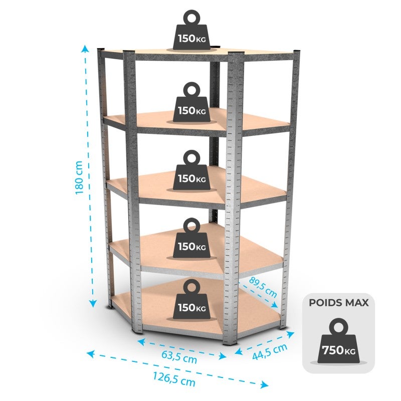 Étagère d'angle polyvalente en métal - Charge lourde Max 750kg - 180 x 90 x 45 cm - Gris - 2