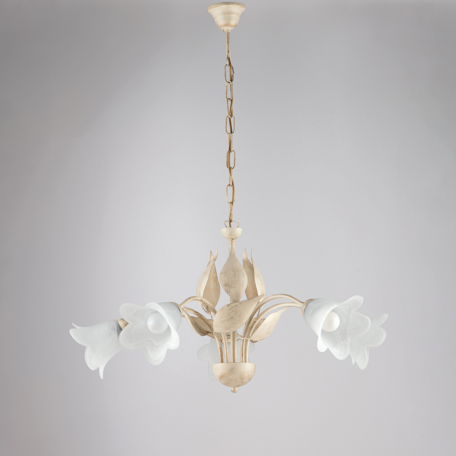 Lustre Olga fer ivoire, déco or antique, verre albâtre d.14, 5 lumières d.68 cm style rétro chaleureux - 2