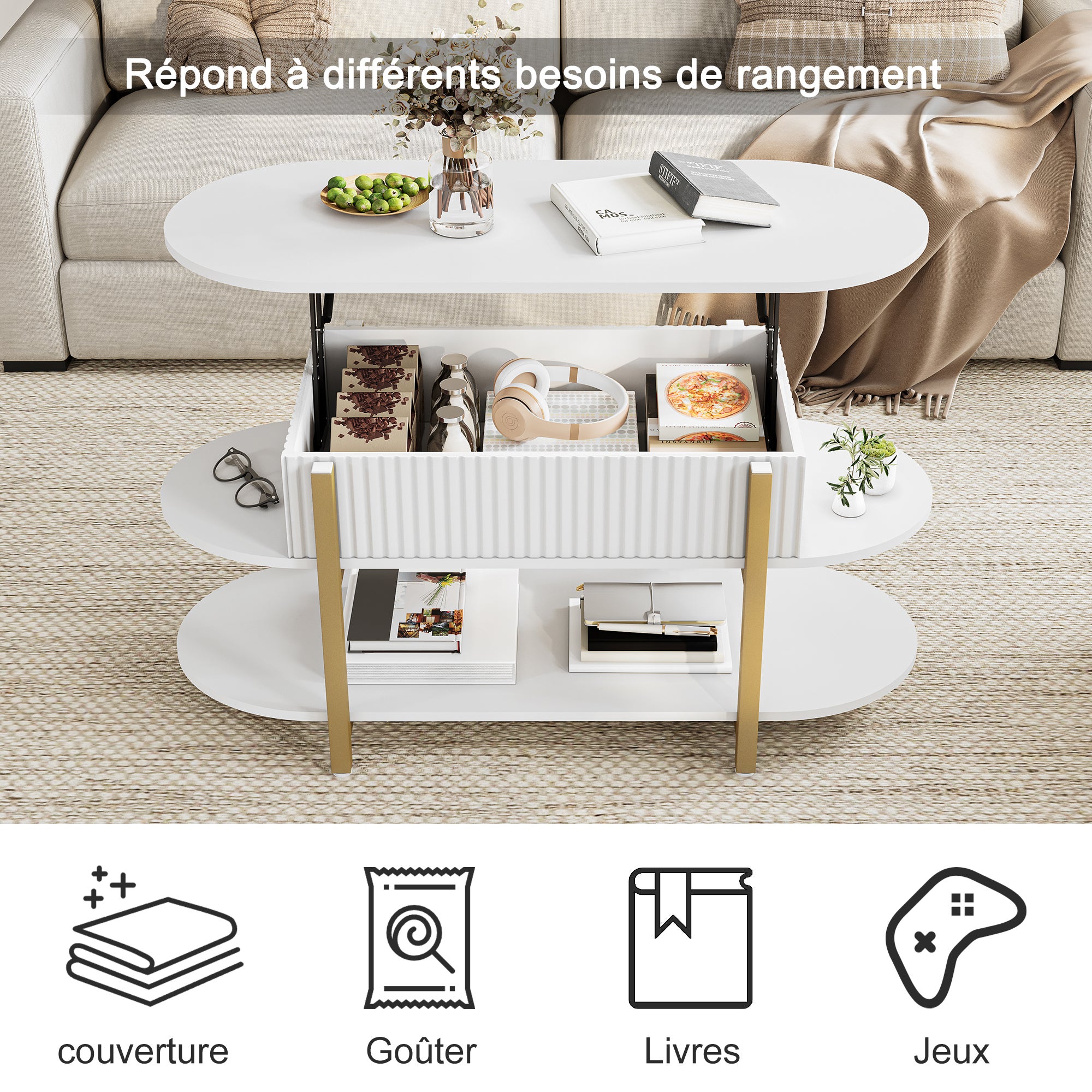 KEFSR Table Basse avec Plateau Relevable Bois MDF,Table de Salon Relevable Moderne avec Compartiment Caché et Étagère,Réglable,106x45x50cm,Blanc - 5