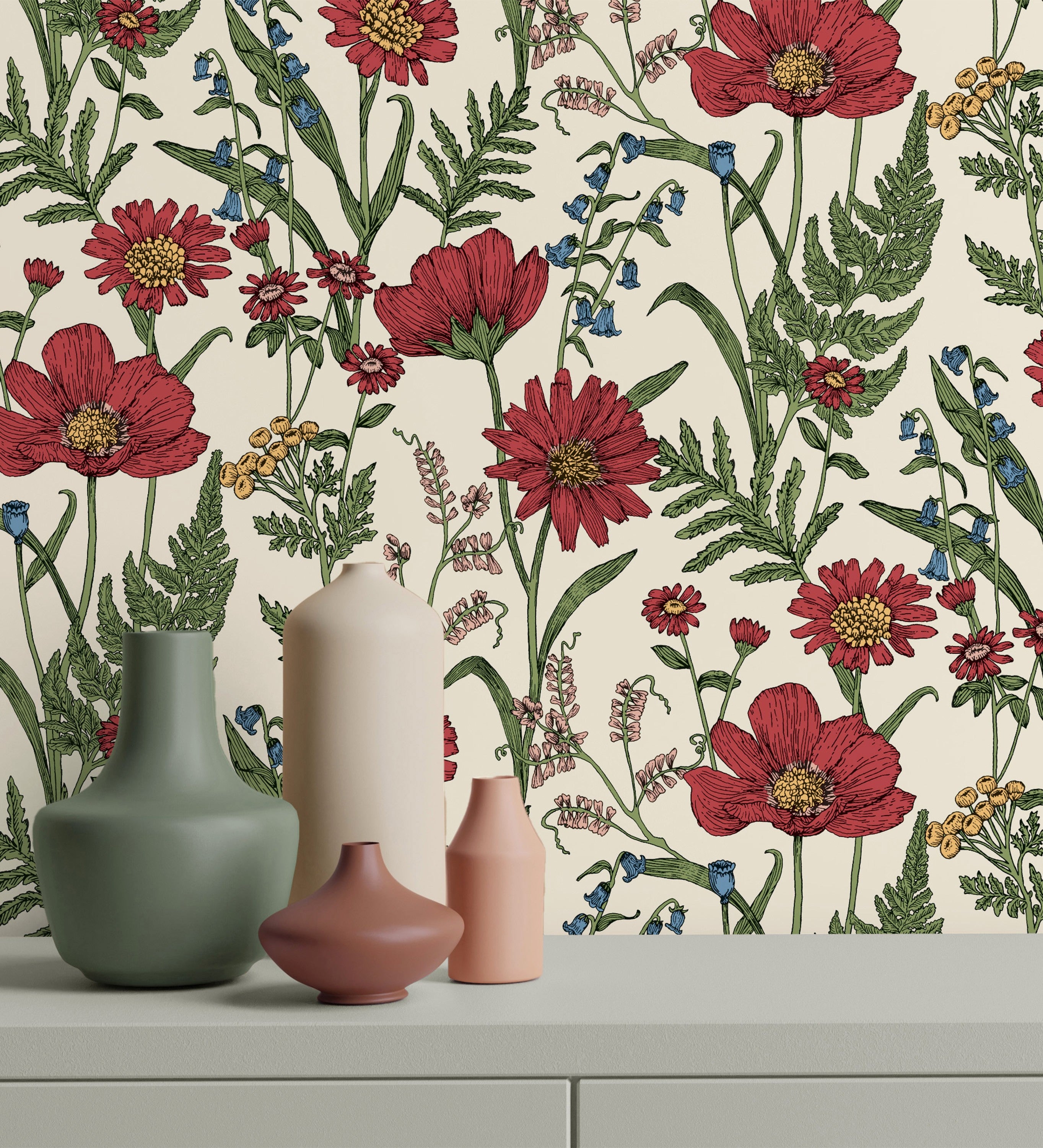 Papier peint vinyle de fleurs sauvages marguerites et coquelicots sur — free download
