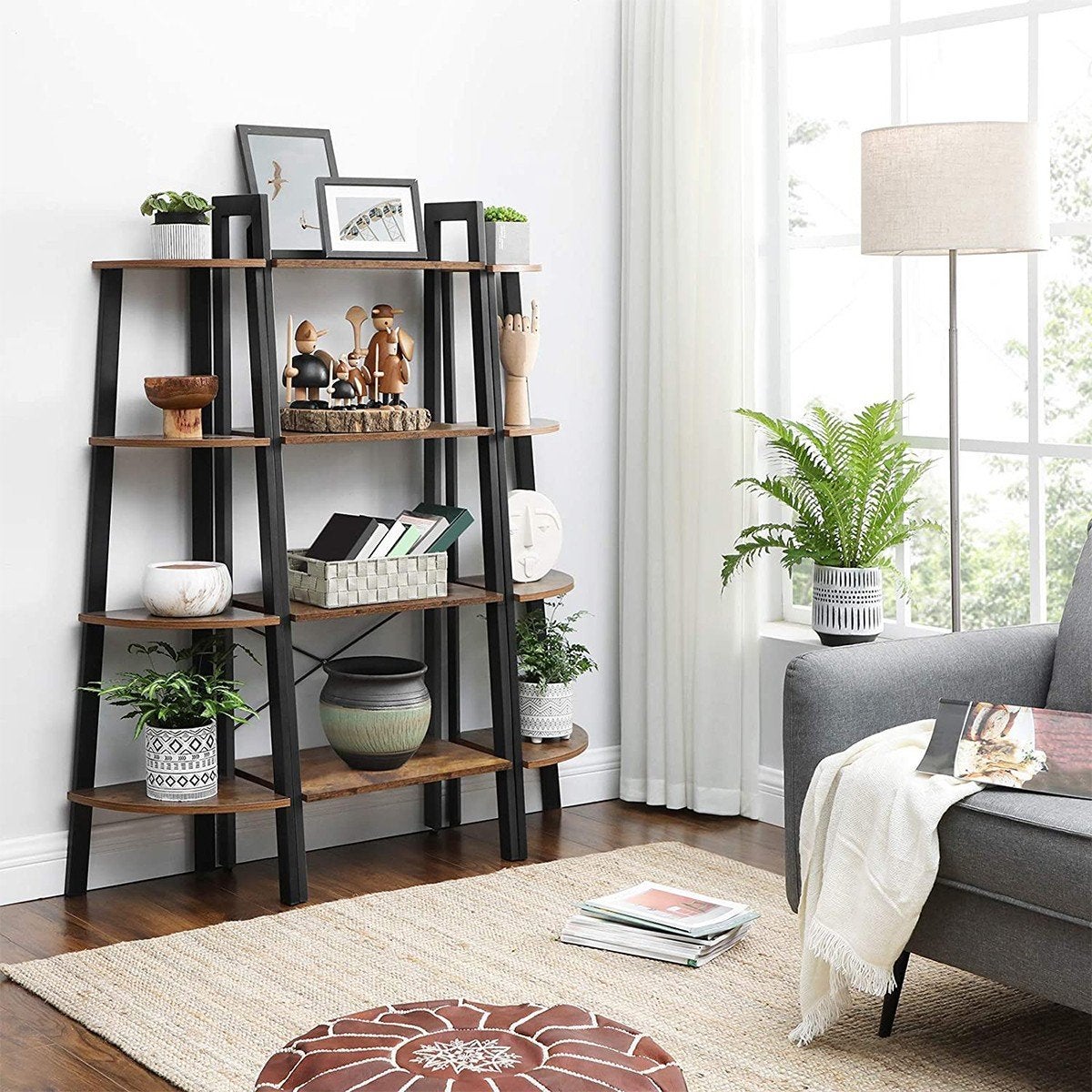 Estantería escalera rinconera de 4 niveles, librería vintage para hogar, salón, dormitorio y balcón, color negro - 7