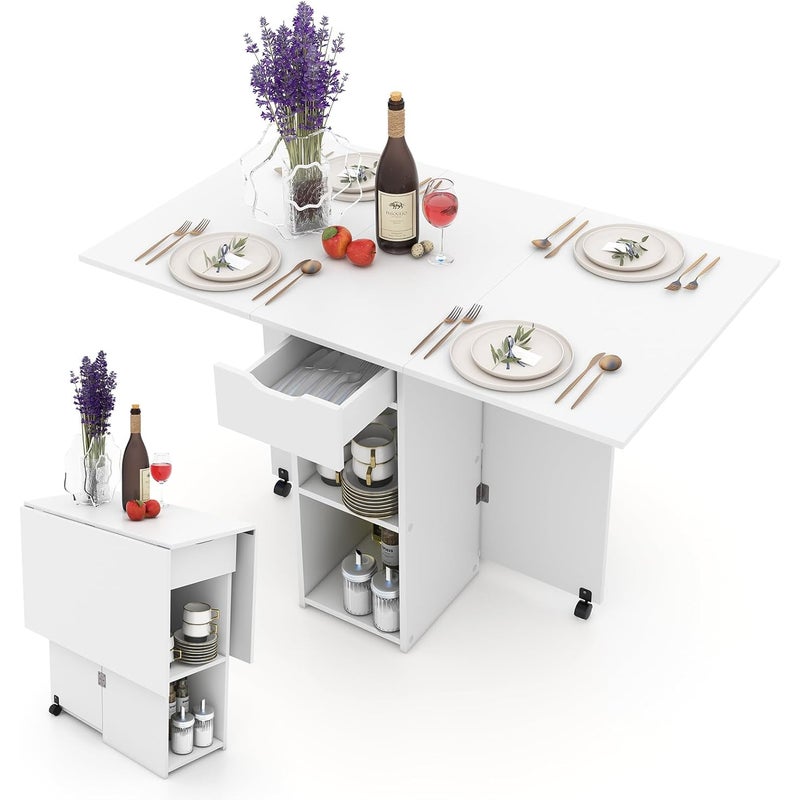 Składany Stół z Kółkami, Składany Stół Kuchenny 120 cm dla 4 Osób, 2 Półki, Szuflada, Składany Regał, Oszczędność Miejsca (Biały)