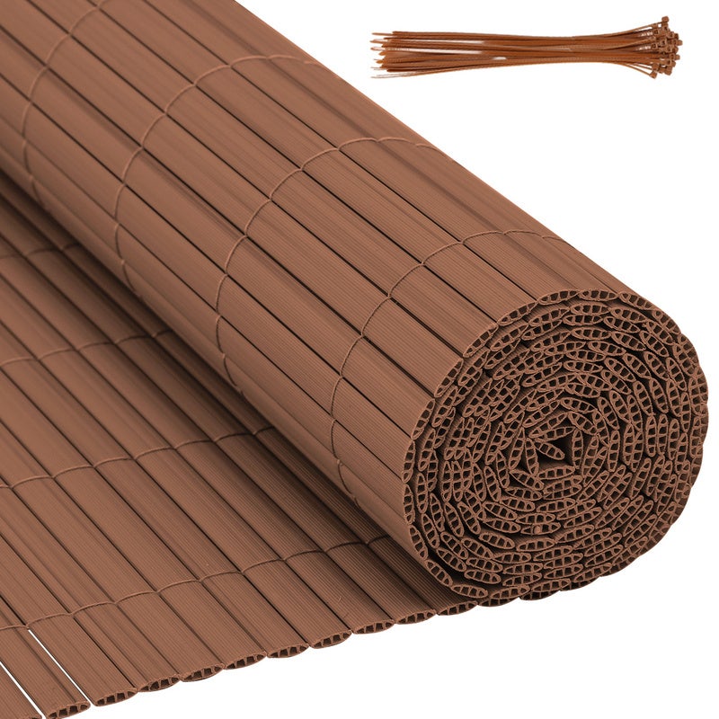 Siatka ochronna z trzciny PCV na balkony, tarasy i do ogrodu. Brązowa osłona przeciwwiatrowa na balkony, 100 x 500 cm.