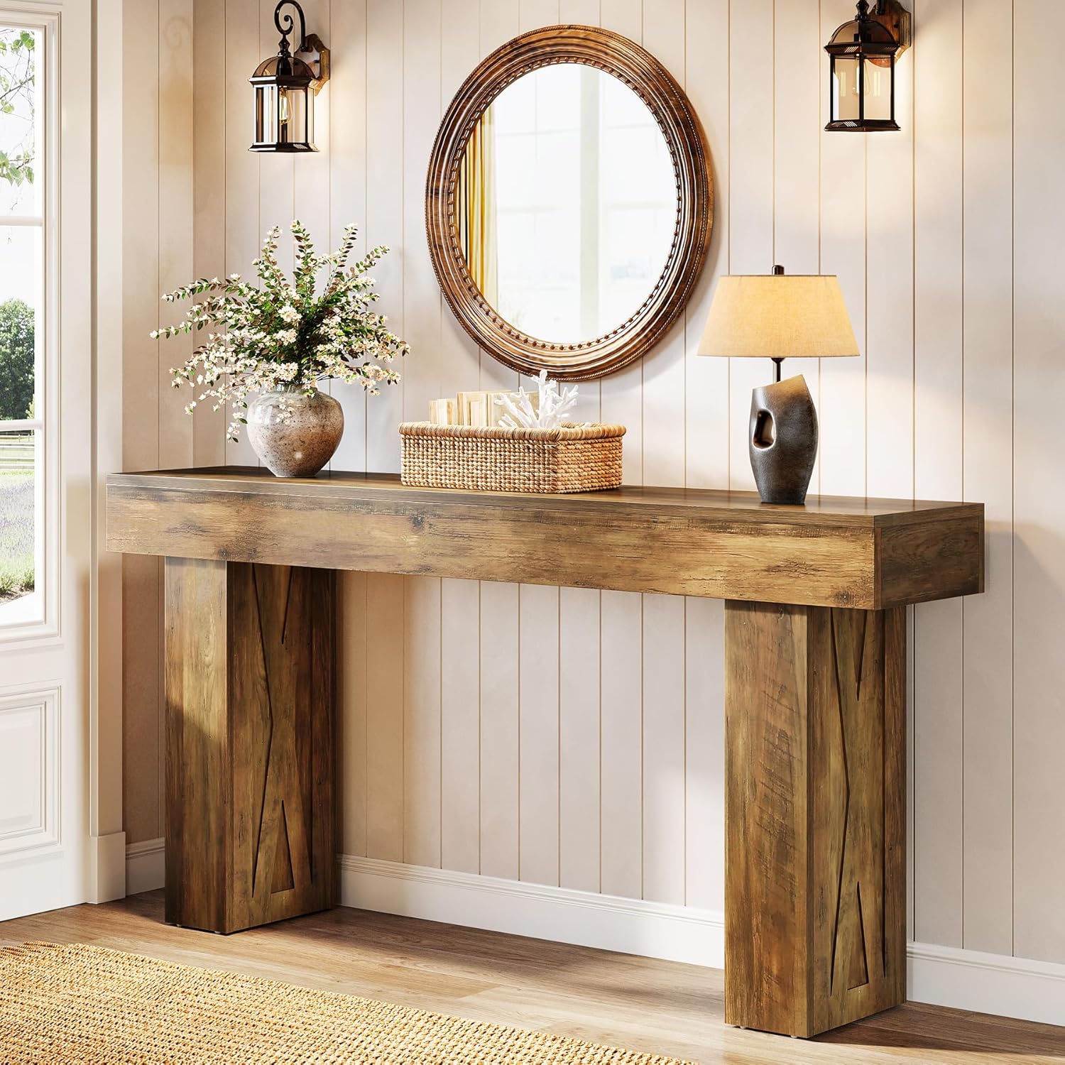 Tavolo Consolle Lungo 160 Cm Stile Industriale Rustico - 3 Ripiani - Metallro Nero E Legno Marrone