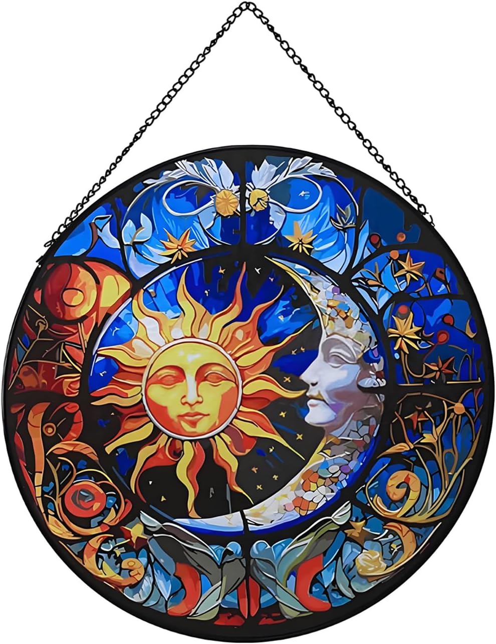 Wiszący łapacz słońca z witrażem 20 cm, wzór słońca i księżyca, dekoracja ogrodowa, dekoracja świąteczna