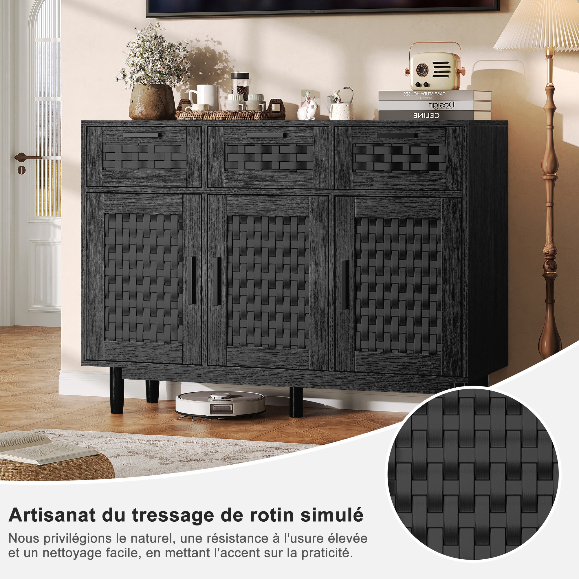 Buffet, meuble de rangement en bois noir, avec 3 portes et 3 tiroirs, meuble de rangement pour le salon, portes à motif tressé - 7