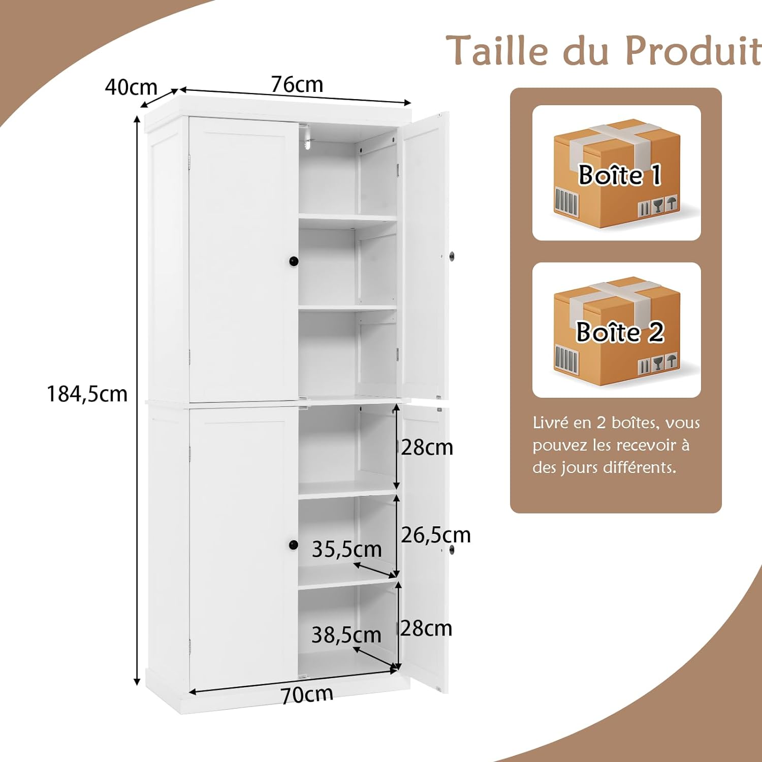 Armario Alto de Cocina Con 4 Puertas y 6 Estantes Ajustables, de Despensa, Buffet, Baño y Almacenamiento Para Cocina, Salón, Color Blanco - 2