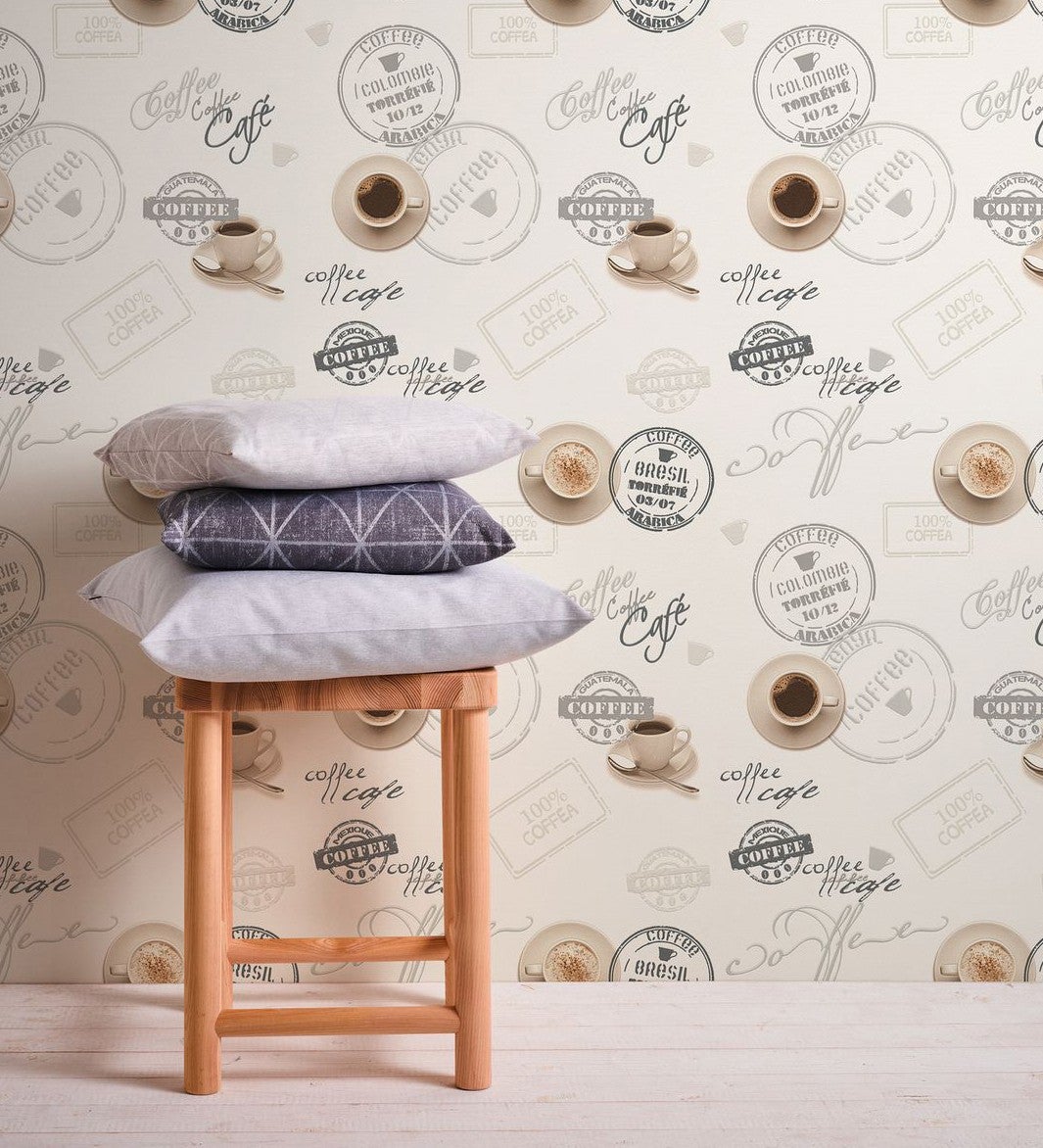 Papel pintado vinílico lavable con tazas y platos de café en relieve fondo blanco - dustin 454973 de gaulan - rollo de 10 m x 0,53 m
