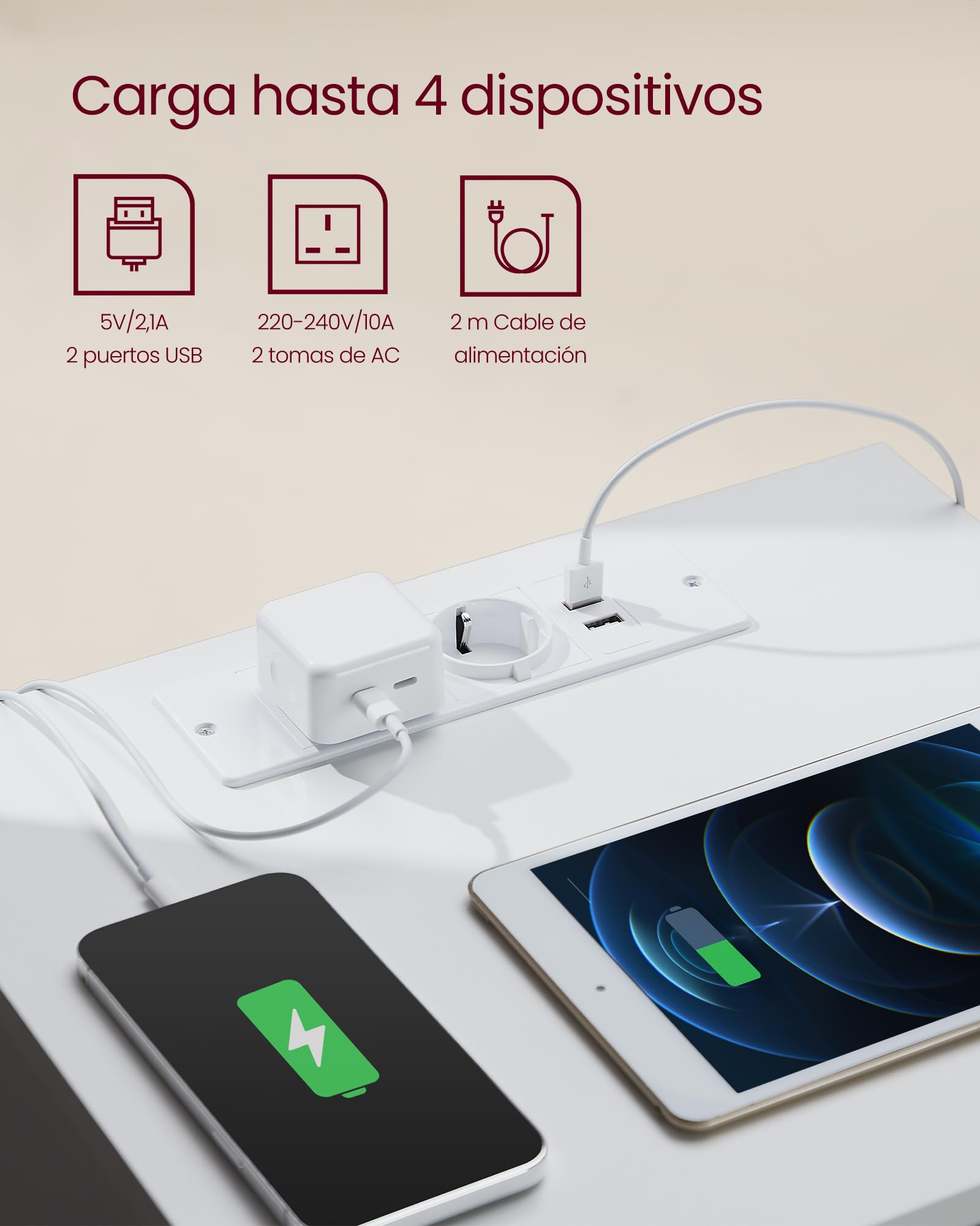 Juego de 2 mesitas de noche modernas con estación de carga - 3 cajones, 2 tomas de corriente, 2 puertos usb, ideal para dormitorio, blanco nube - 6