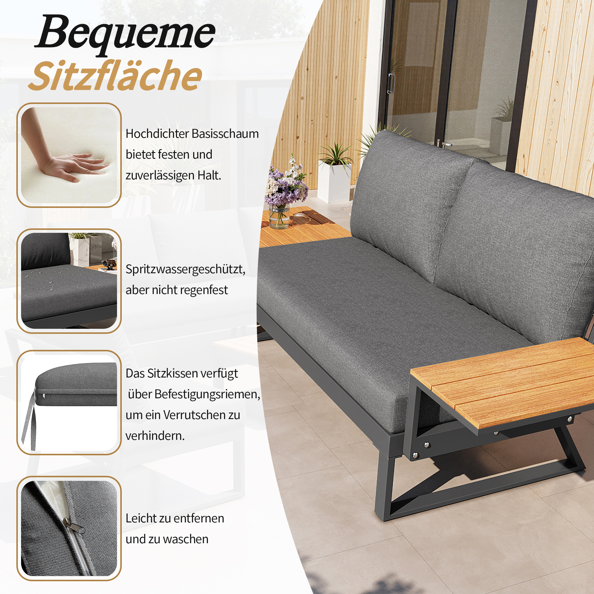 Salon de jardin en fer forgé pour 7 personnes, canapé de jardin en forme L, mobilier pour balcon et terrasse, ensemble de 5 pièces, avec coussins gris - 6