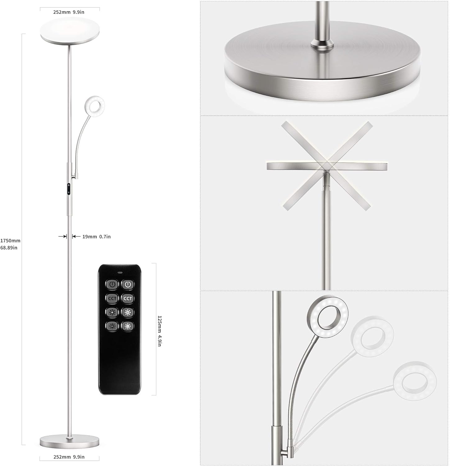 35W Lampadaire LED Dimmable Nickel,4120LM Lampadaires sur pied Salon avec Télécommande & Contrôle tactile,3000-6000K,1H Timer,pour Chambre Bureau - 5