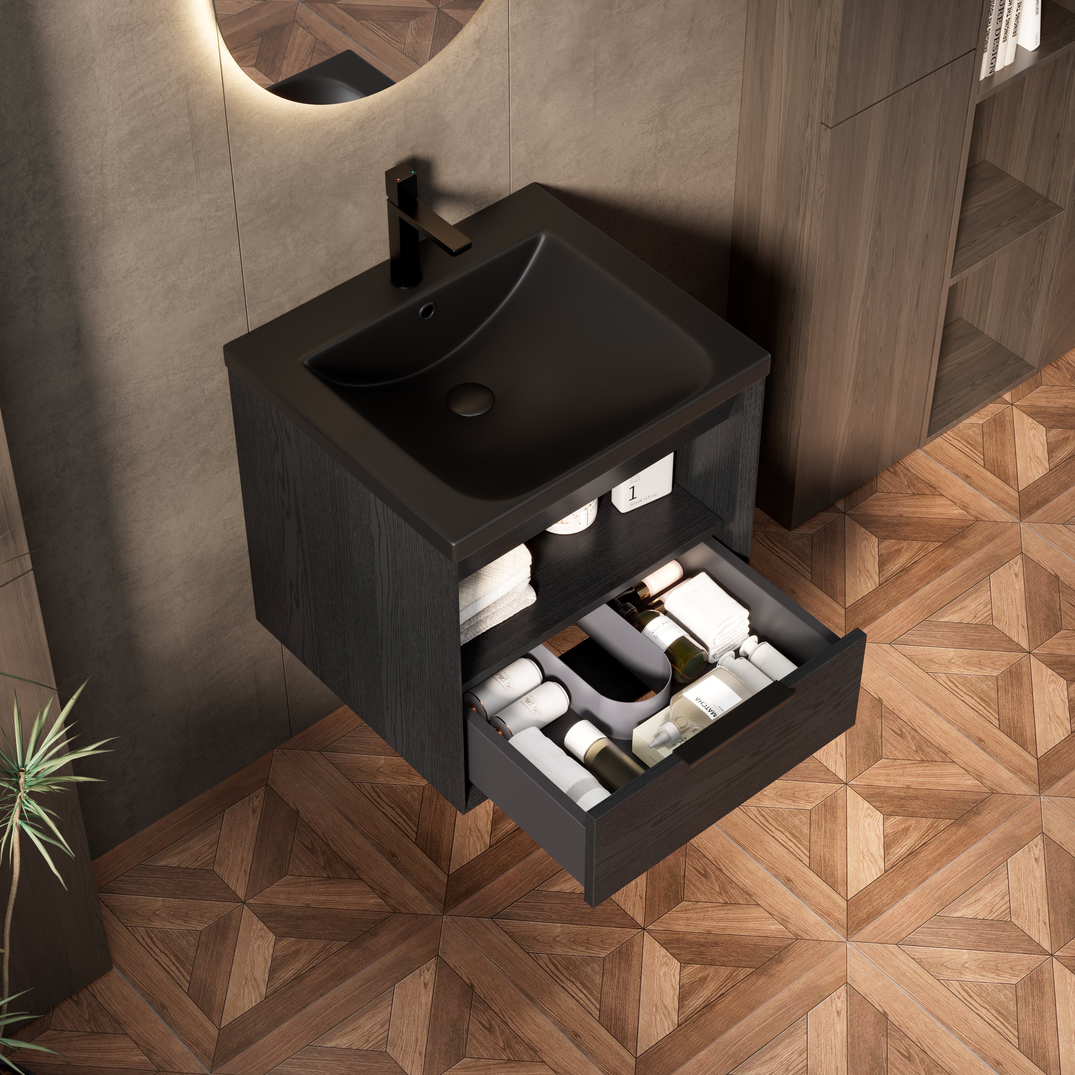 Meuble vasque mural noir 51 cm avec vasque intégrée en céramique ...