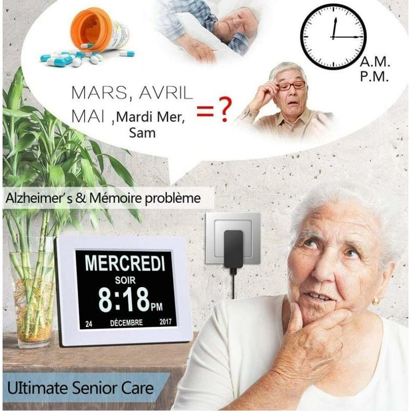 Horloge calendrier numérique One Piece 7 pouces avec date et heure, horloge Alzheimer pour parents, rappel de médicaments pour grands - Blanc - 4