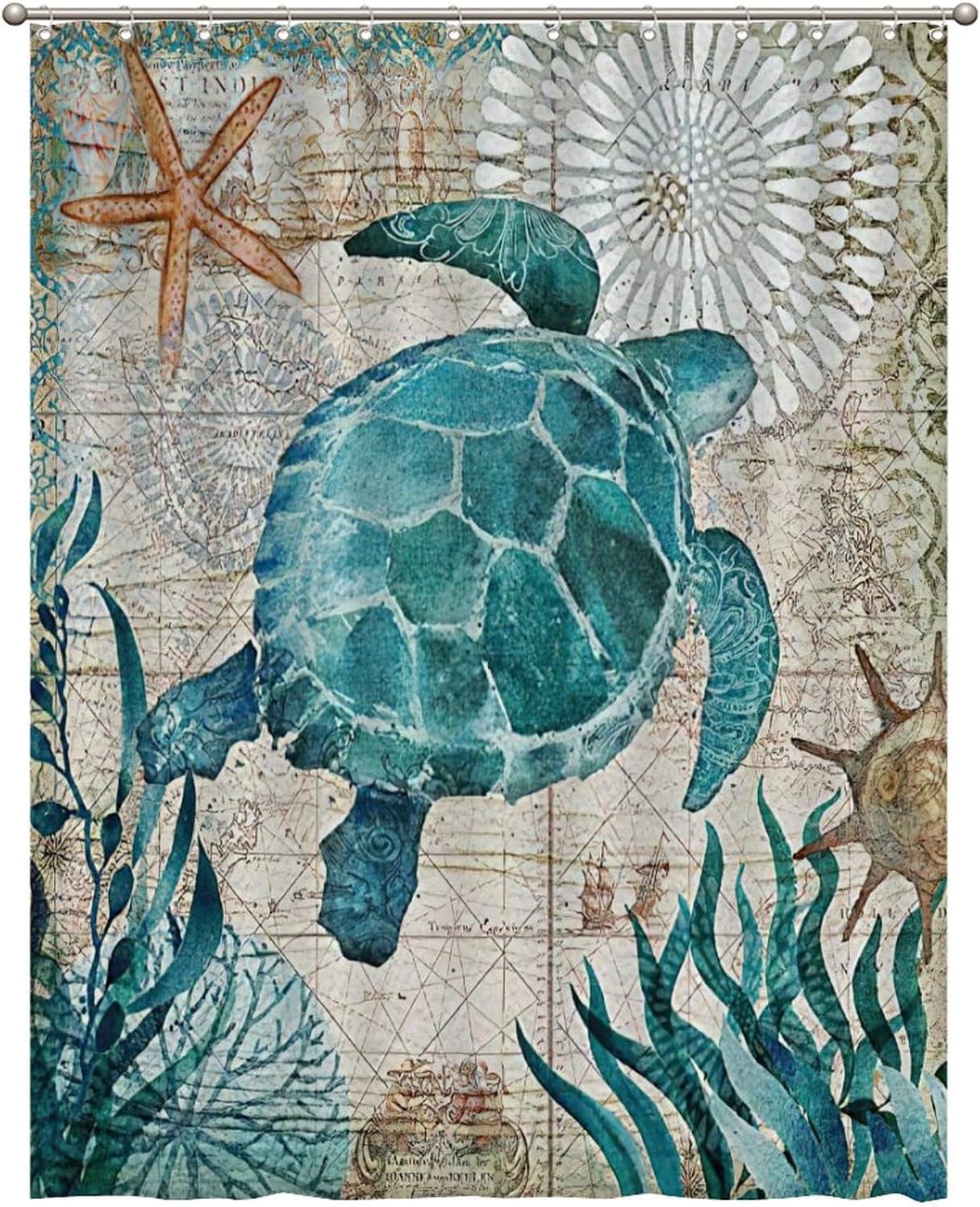 Zasłona prysznicowa w stylu vintage z motywem żółwia w kolorze turkusowym – Dekoracja łazienki – 120 cm x 180 cm