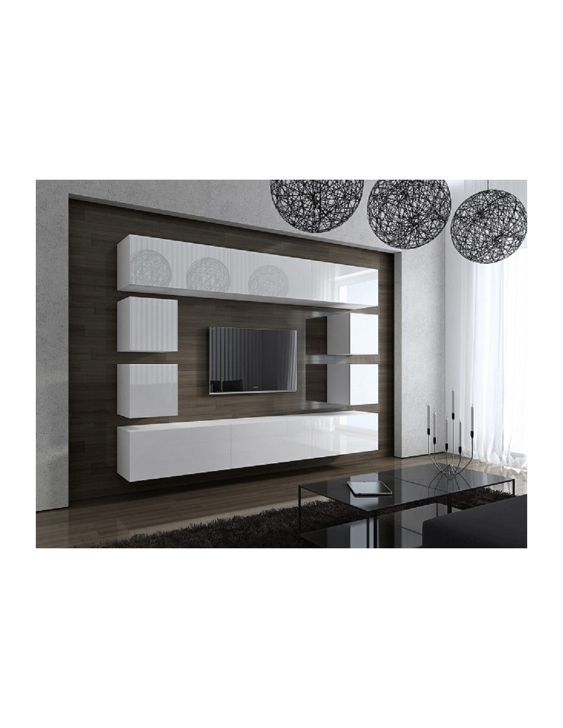 Meuble TV Paris Slavic 4 Éléments - Design Moderne Blanc Brillant Et Chêne Wotan - Meuble Salon Rangement