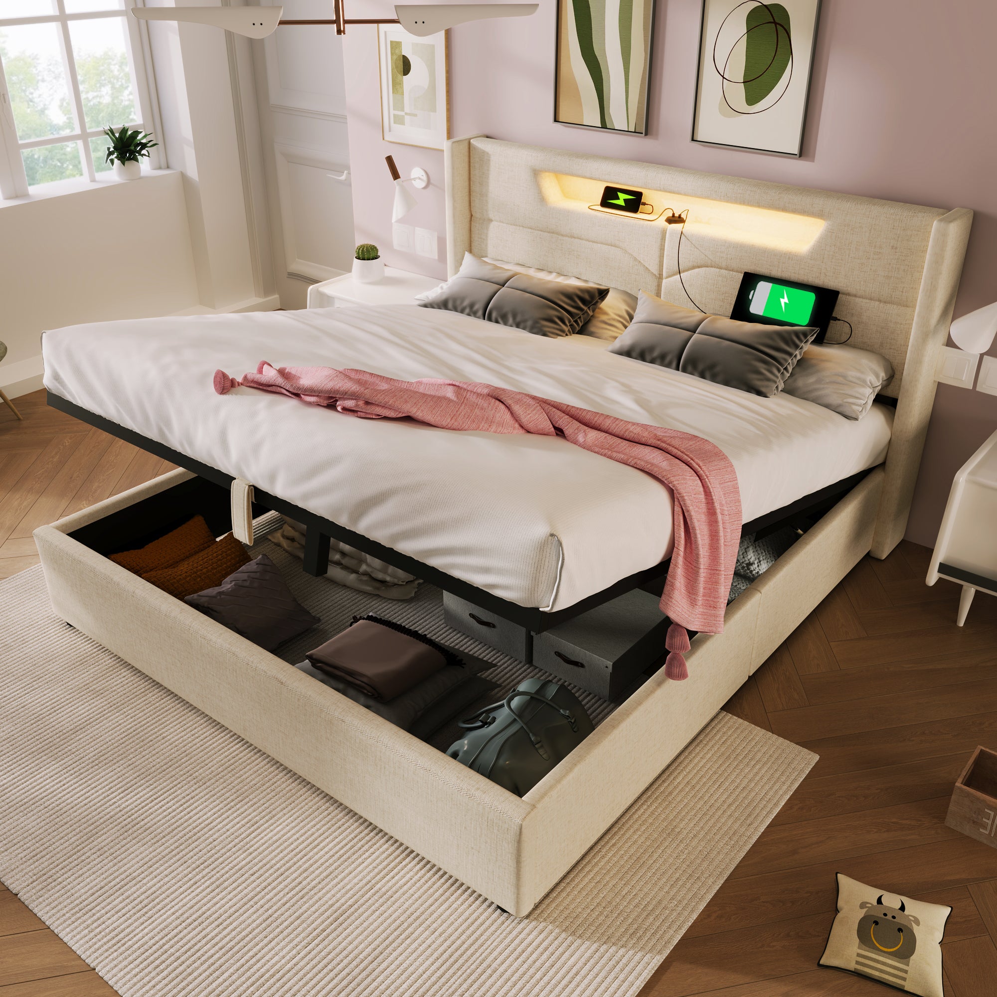 Cama arcón doble, lino, carga USB tipo C e iluminación LED, (140 x 200 cm, beige, sin colchón) - 6