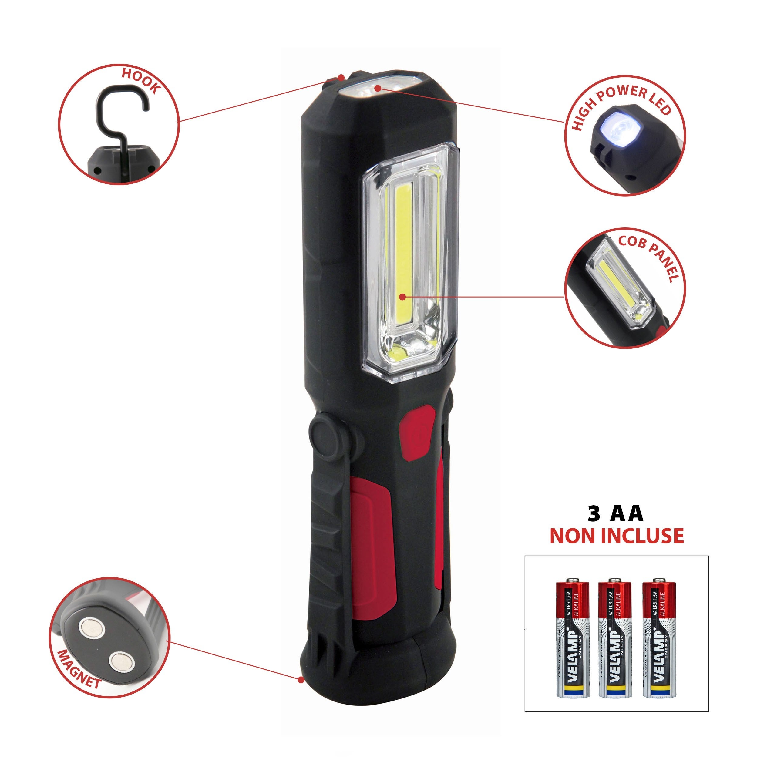 Lampe de travail COB LED 3W avec aimant + crochet. 200 Lumen - 3
