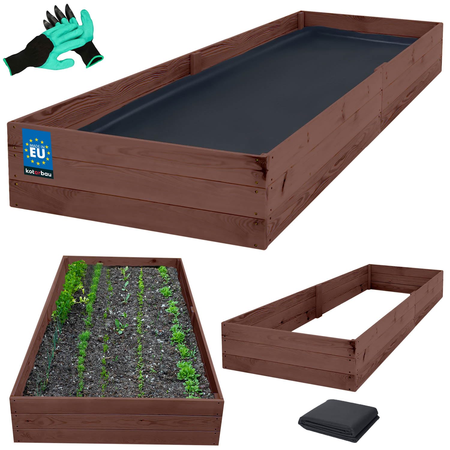 Skrzynka Drewniana na Warzywa - 200 X 100 X 27 CM - Warzywniak z Agrowłókniną - Skrzynia - Rękawiczki Pazurki - Brązowa KOTARBAU