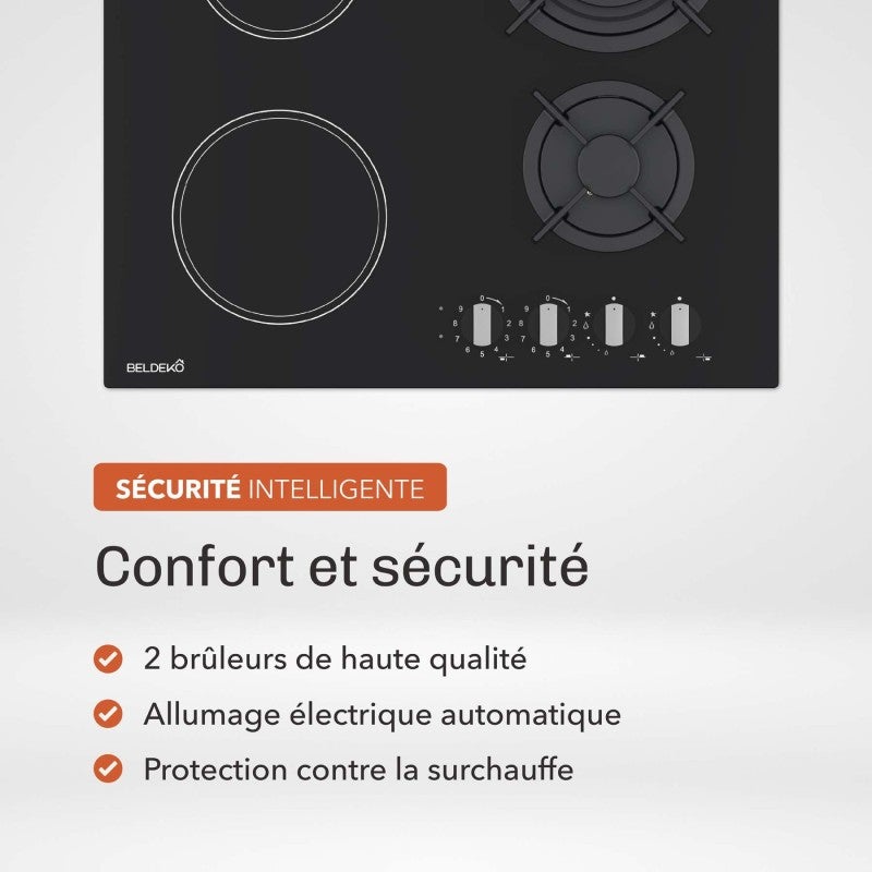 BELDEKO Plaque de cuisson mixte gaz et vitrocéramique 4 foyers - Double couronne - 8200 W - Manettes - 5