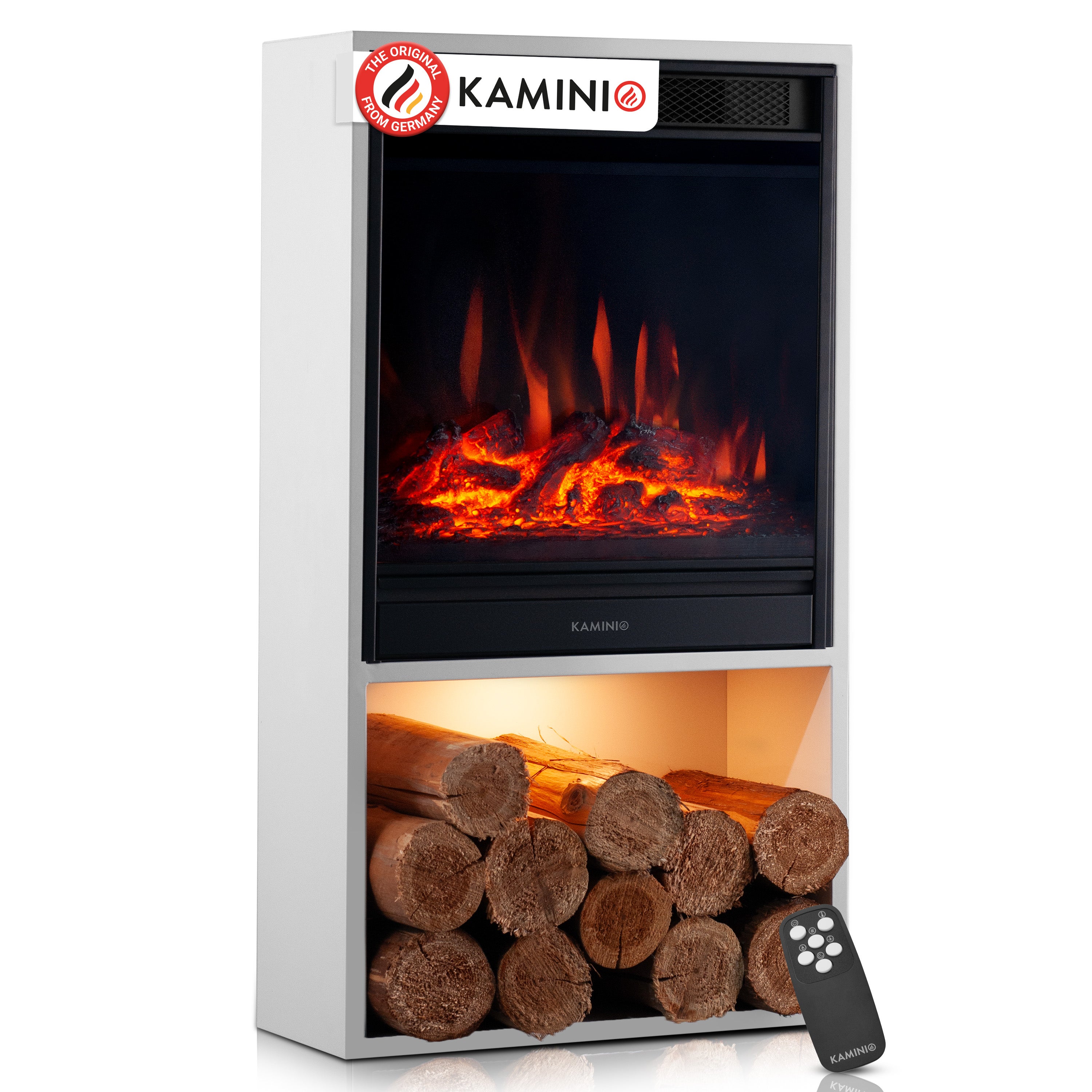 KAMINIO Kominek elektryczny HUGO – piec kominkowy z ogrzewaniem, efektem płomienia 3D, oświetleniem nastrojowym, komorą na drewno, pilotem – Biały