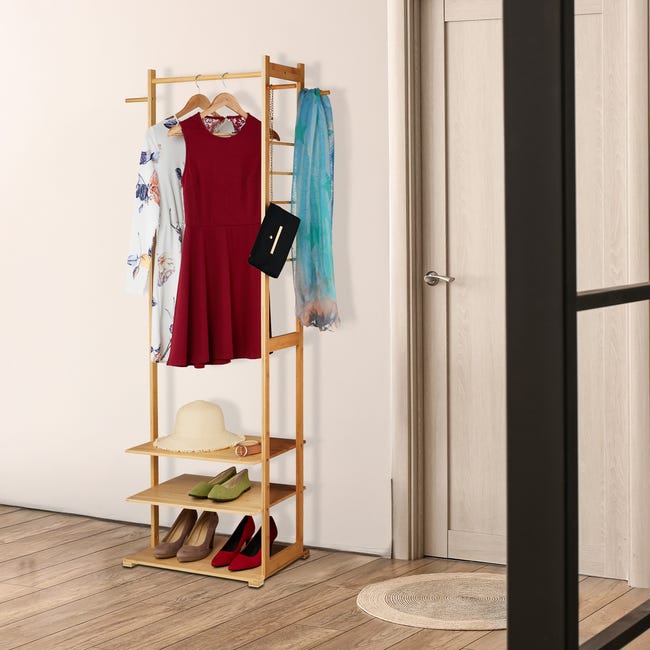 Relaxdays Perchero de Pie con Ruedas, Burro para Ropa, Bambú, con