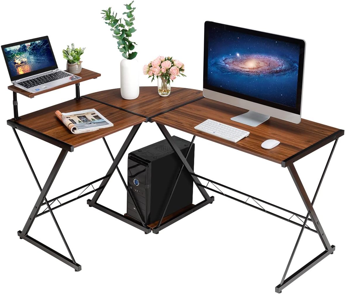 Scrivania Per Computer 140 Cm Con 2 Ripiani | GIANTEX In Legno E Acciaio Nero/Marrone Rustico | Per Ufficio E Casa - 4