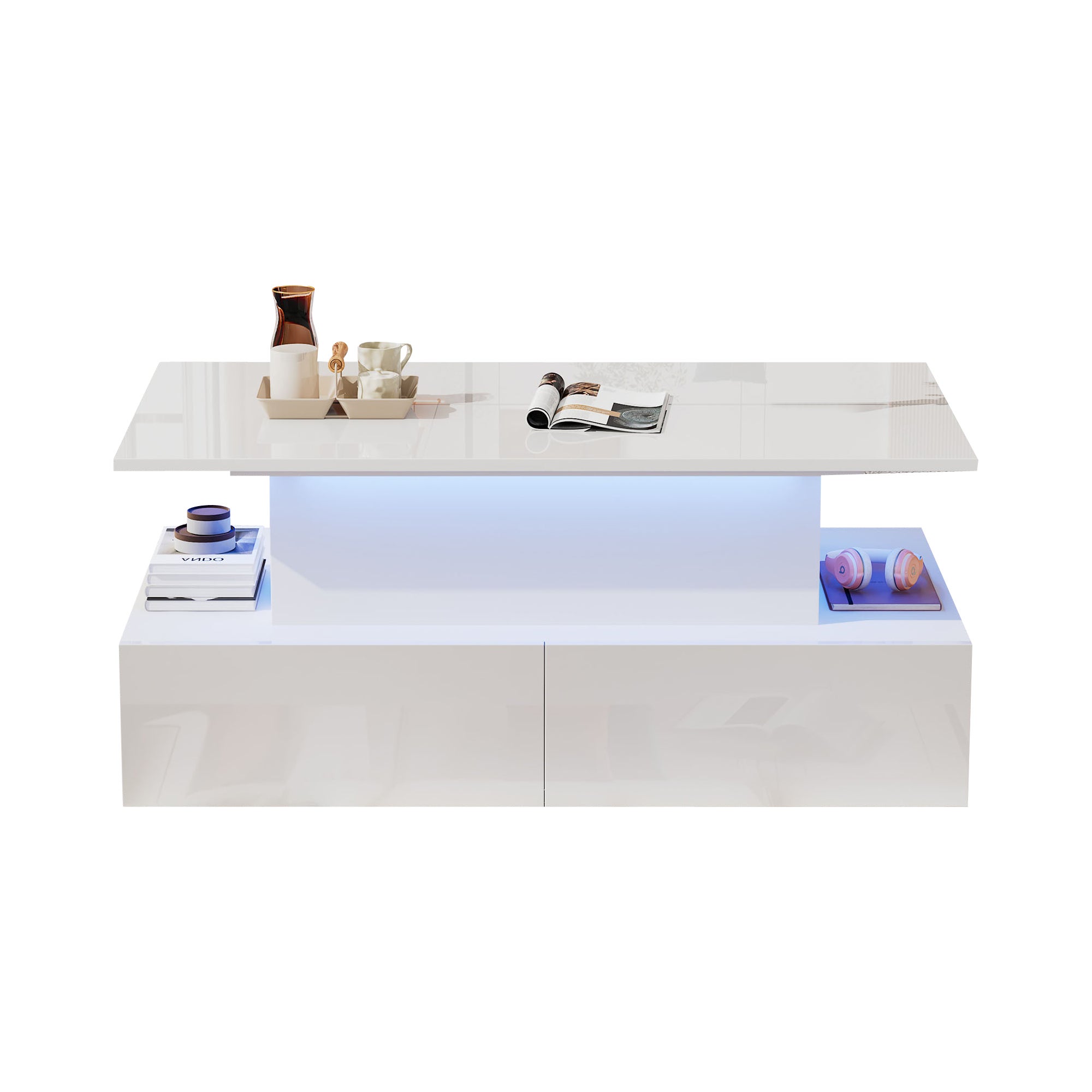 Table basse relevable LED, 90 x 55 x 41cm, Table d'appoint moderne salon, avec 4 grand tiroirs, rangement caché Blanc - 8
