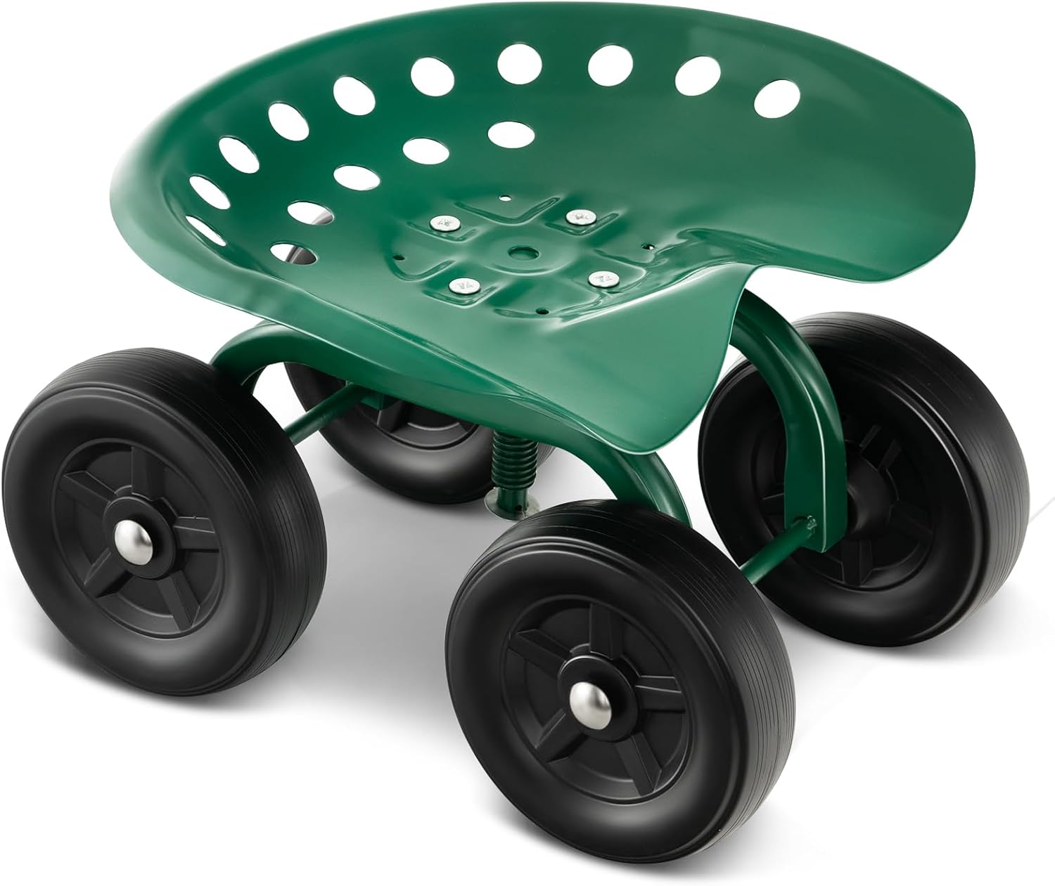 Metalowy Stołek Ogrodowy z 4 Kółkami z PP, Ruchome Siedzisko Ogrodowe z Obrotowym Siedziskiem o Regulowanej Wysokości, Nośność 150 kg, Zielony