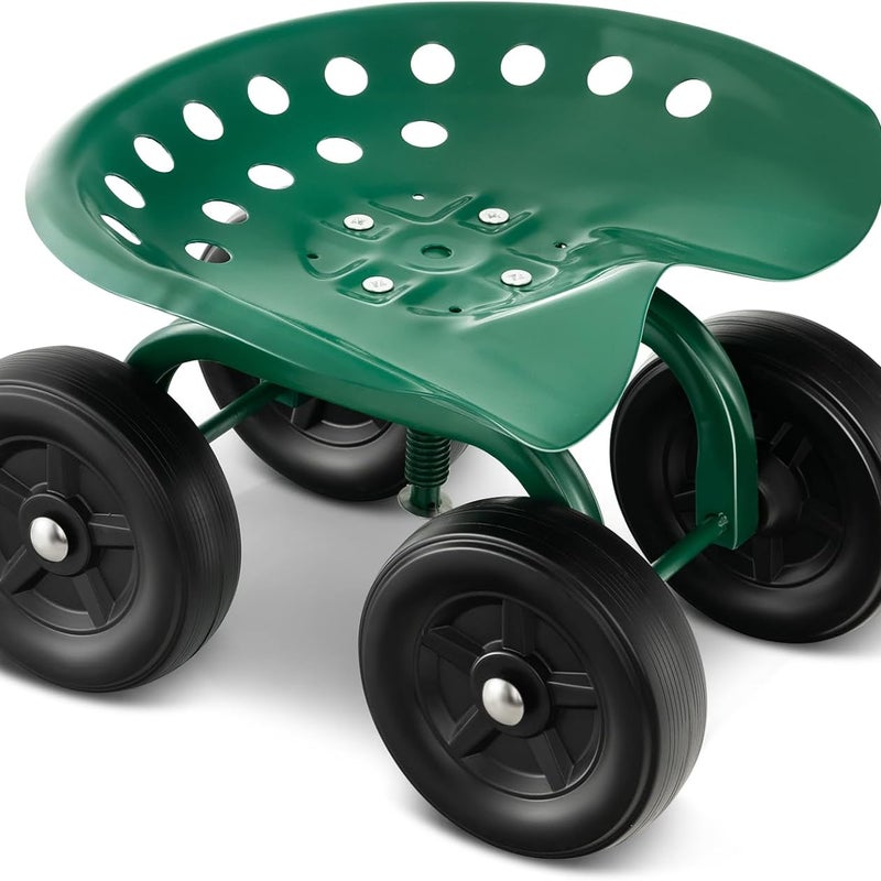Metalowy Stołek Ogrodowy z 4 Kółkami z PP, Ruchome Siedzisko Ogrodowe z Obrotowym Siedziskiem o Regulowanej Wysokości, Nośność 150 kg, Zielony