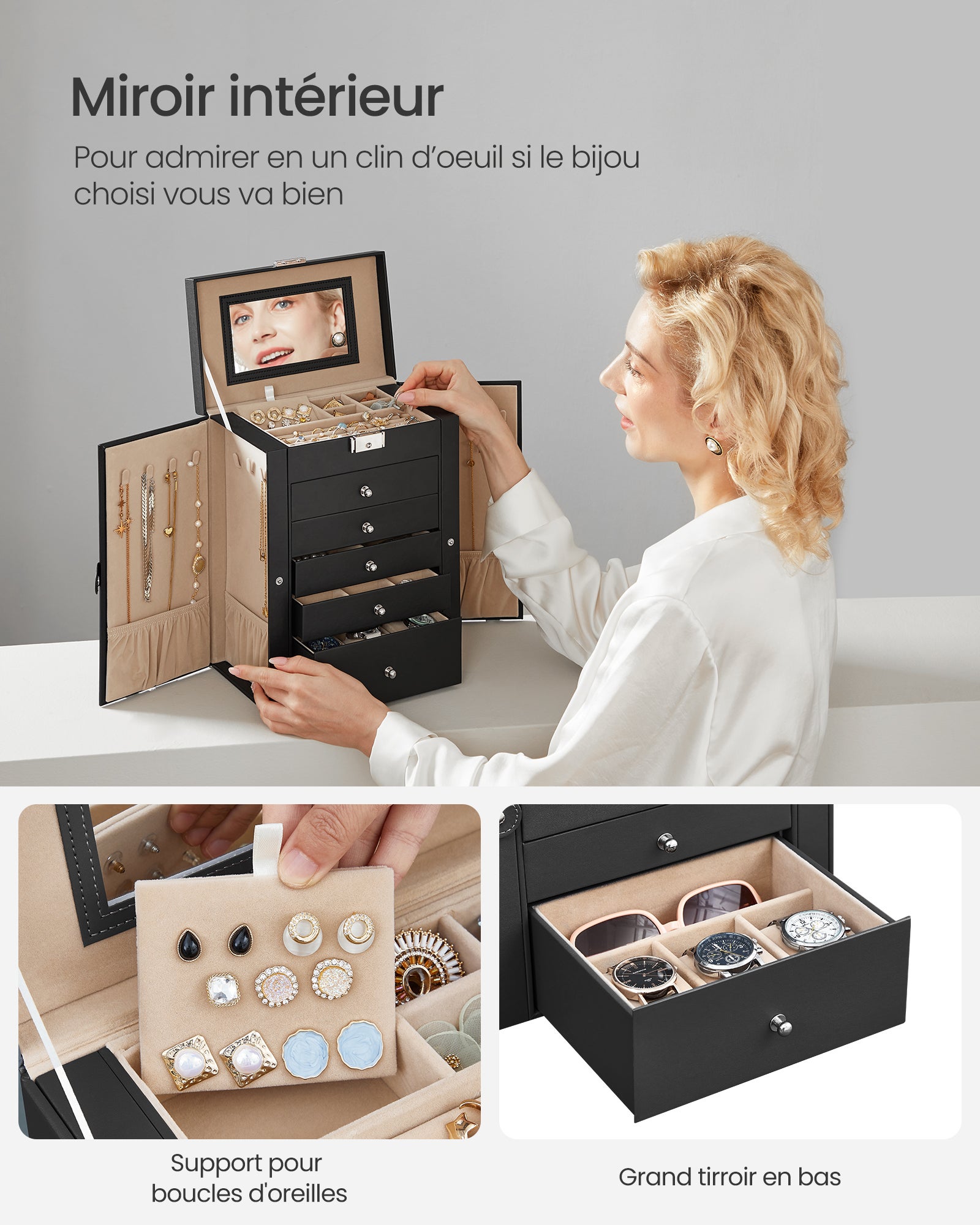 Boîte à Bijoux, Coffre à Bijoux, Grand, 6 Niveaux avec Ailes, tiroirs, Miroir et Fermoir, pour Bracelets, Boucles d'oreilles, bagues, Colliers, Noir - 4