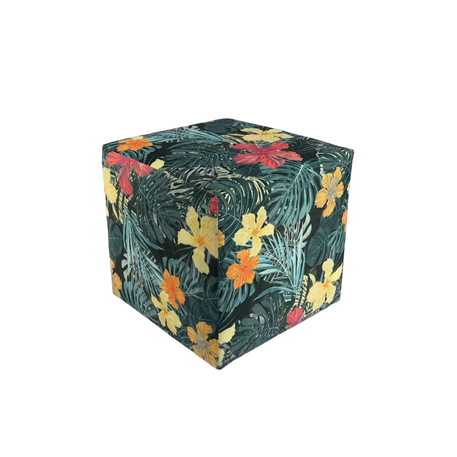 Pufa TROPIC welurowa 40x40 cm kolorowe kwiaty kwadratowa miękka pufa do salonu i sypialni zielona