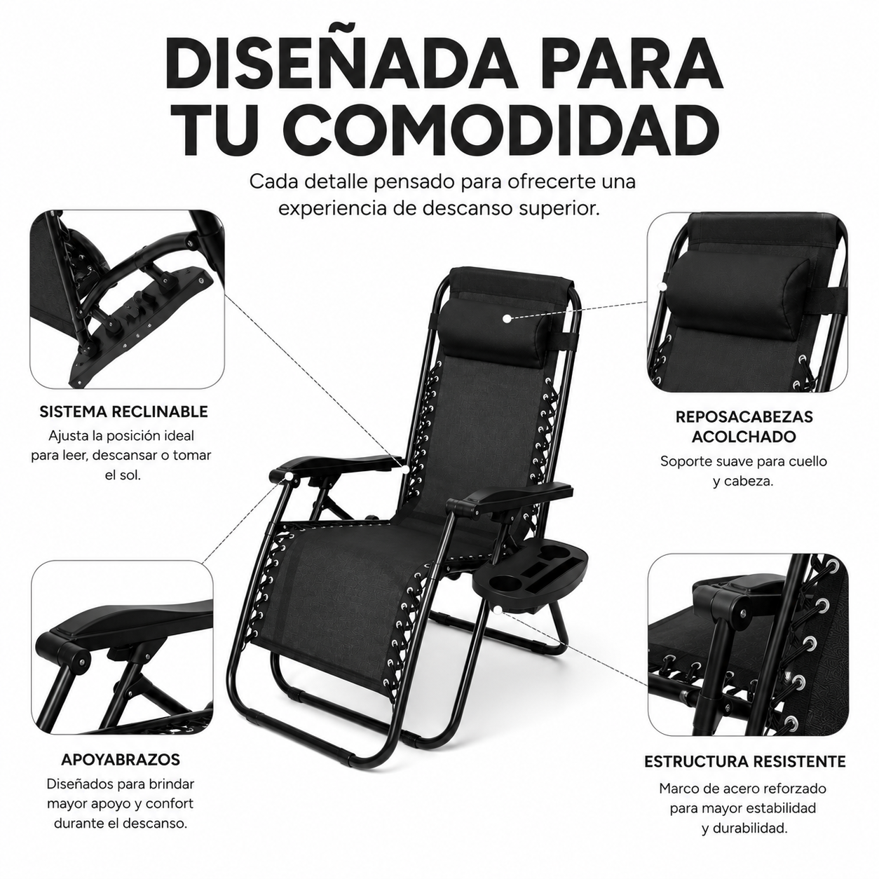 Pack 2 Espreguiçadeiras Dobráveis Praia Pretas com Porta-copos - 4