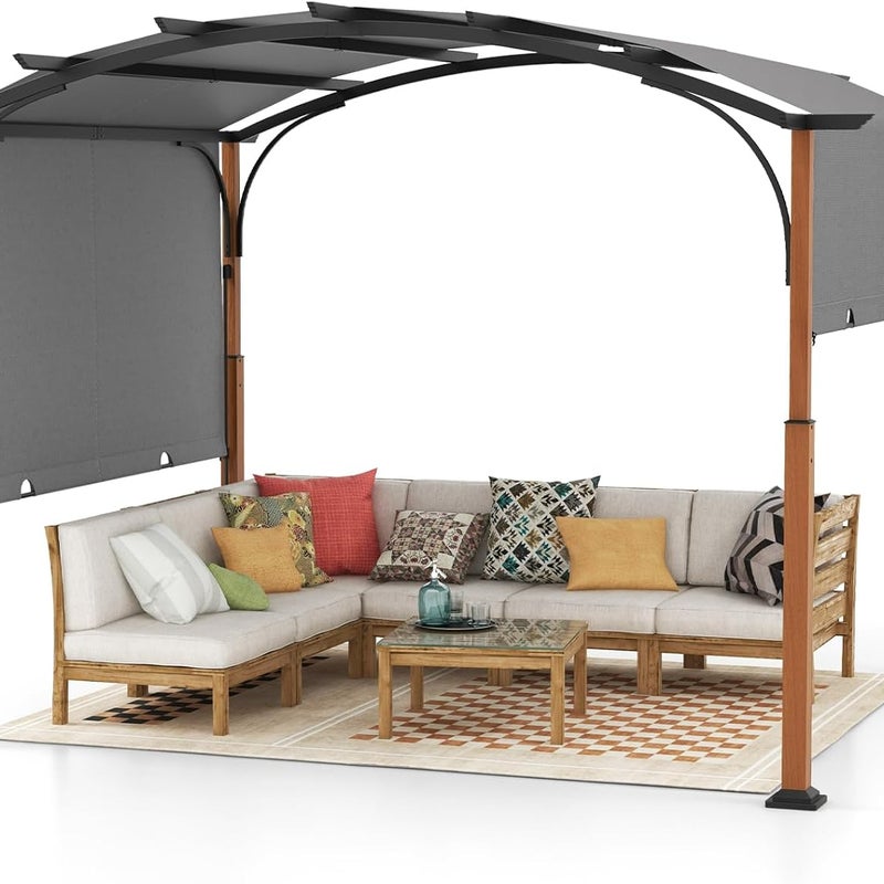 Składana pergola zewnętrzna z metalowymi łukami 300 x 360 cm do patio z rozsuwanym daszkiem Słupki imitujące drewno, altana z kratką, kolor szary