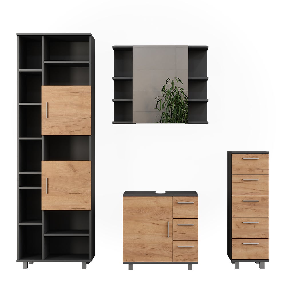 Vicco Zestaw mebli łazienkowych Ilias, Antracyt/złoty dąb, 4 sztuki, z jednostką wysoką i jednostką midi