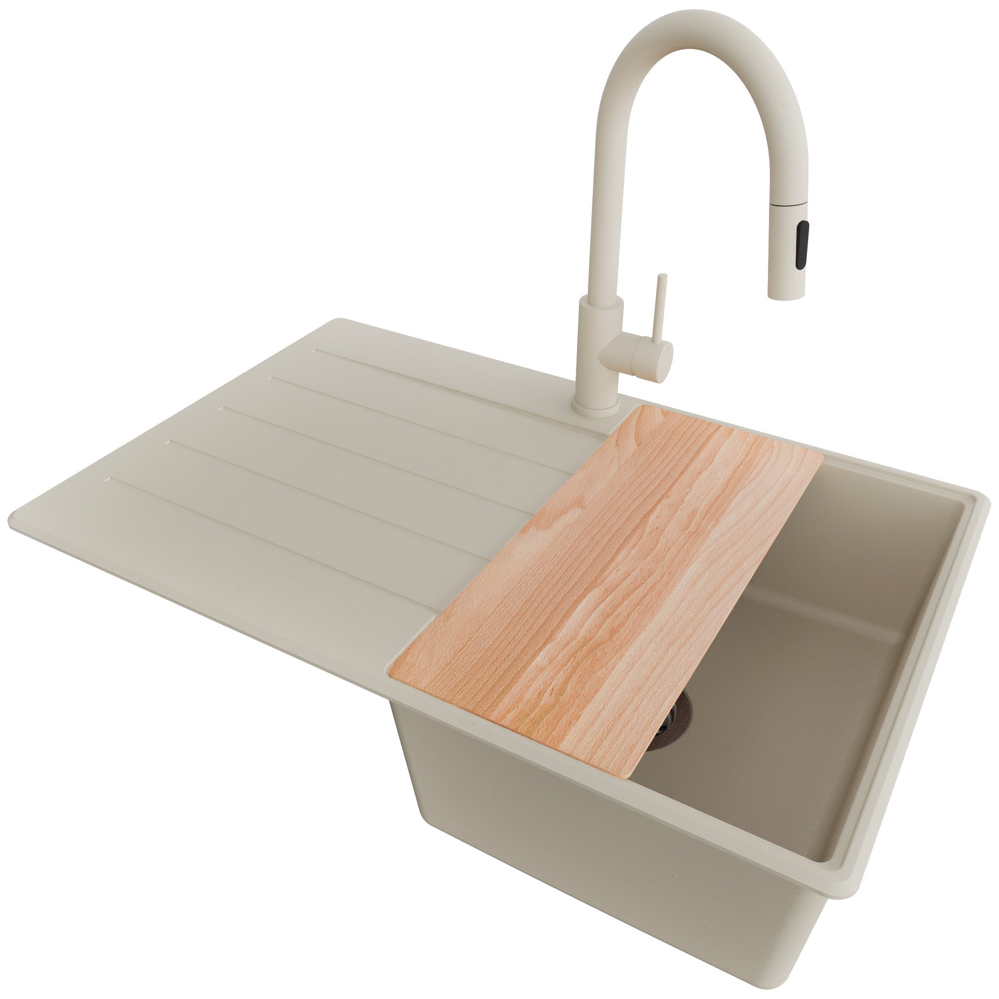 Zlewozmywak Granitowy Beżowy 78x50cm, Zlew Kuchenny 1 Komorowy + Bateria 40x20cm + Syfon + Deska, Nablatowy do szafki od 45cm - Kopenhaga PRIMAGRAN