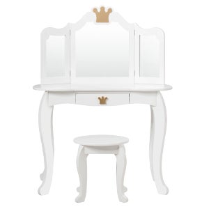 Coiffeuse Pour Fille Avec Miroir à 3 Volets Et Tabouret - Bois Et MDF - Pour Enfants 4 à 9 Ans - Blanc Et Rose