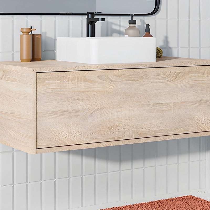 Szafka łazienkowa wisząca w jasnym naturalnym kolorze z pojedynczą umywalką - TEANA