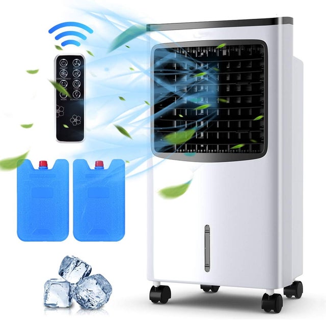 Rafraîchisseur d'Air Silencieux Mobile 4 EN 1,Réservoir d’Eau 8L, Refroidissement, Humidificateur, Auto-Oscillation 70°, Minuterie 8H,2 Pain de Glace