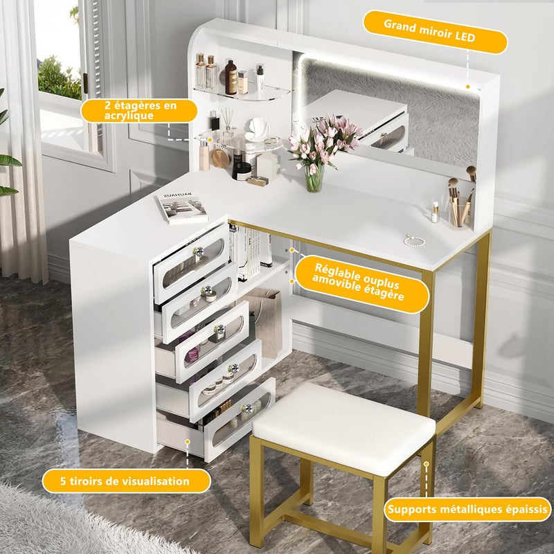 Coiffeuse d'angle - Coiffeuse moderne - 120x80x135 cm - Miroir LED 3 tons - 5 tiroirs transparents - 3 etagères - Meuble de rangement - Blanc - 5
