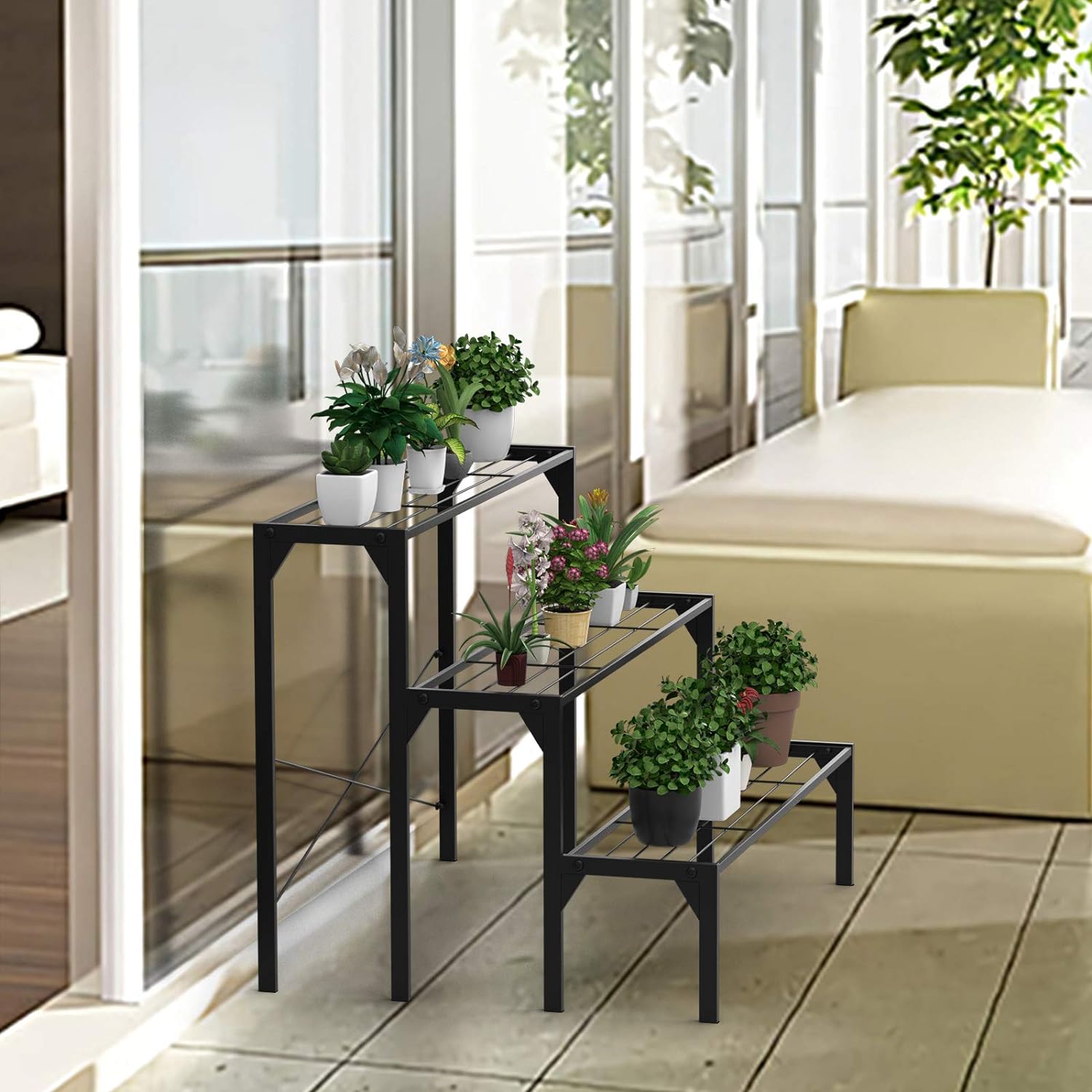 Scaffale Portafiori a 3 Ripiani, Porta Piante da Esterno e Interno a Scala, Scaffale Porta Vasi di Metallo per Balcone, Soggiorno e Giardino - 2